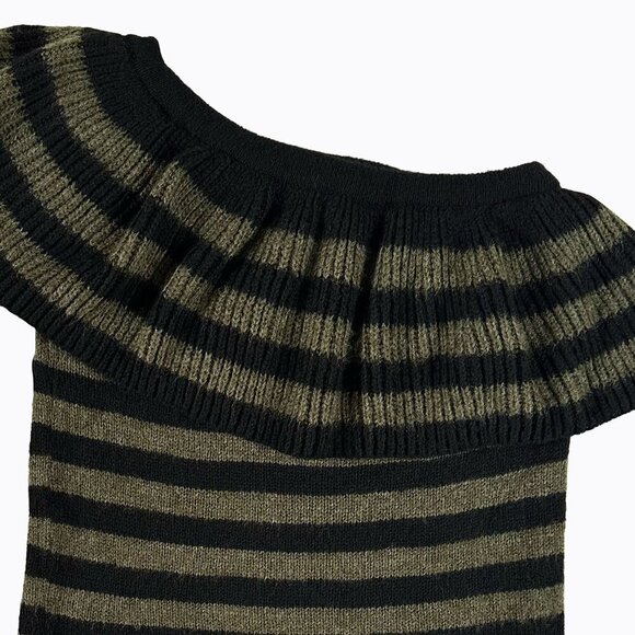 Asymmetric Ruffle One-Shoulder Sweater Sz S Black Olive Striped Y2K 90s Coquette - Picture 3 of 5